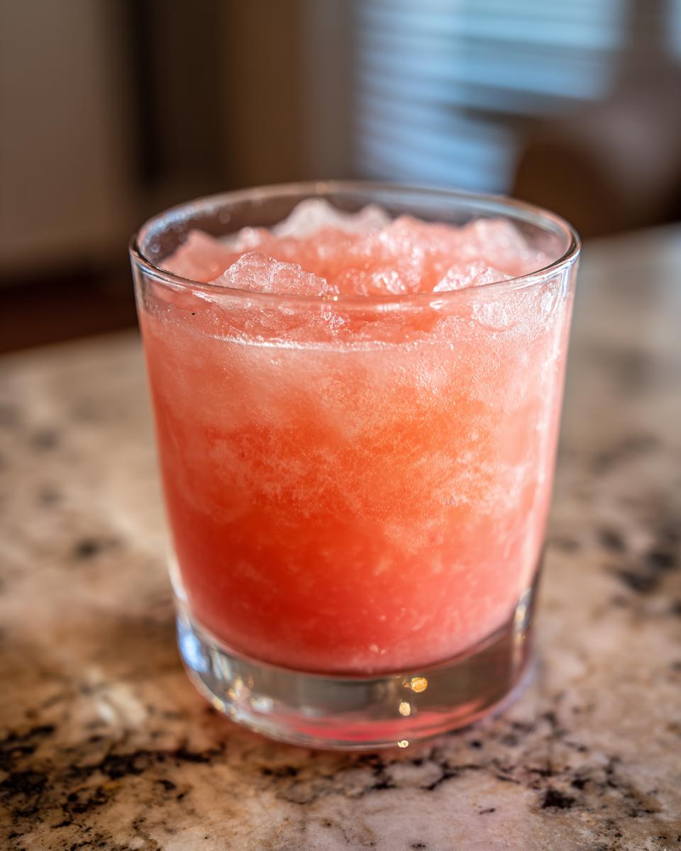 A close-up of a glass filled with a pink, icy watermelon lemonade drink, perfect for poolside sipping.