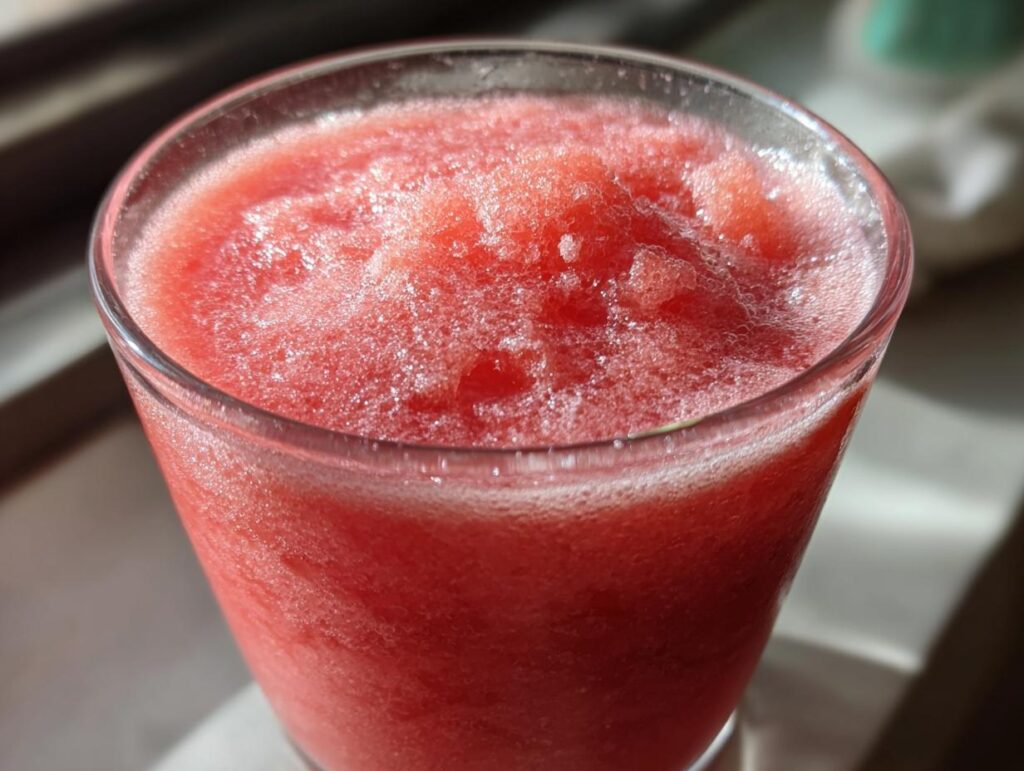 Close-up of a frosty glass filled with blended watermelon and lemonade, perfect for poolside sipping.
