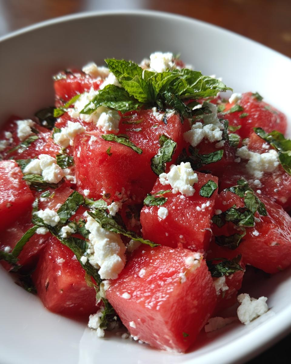 Close-up of a refreshing summer salad with cubed watermelon, crumbled feta cheese, and fresh mint leaves.