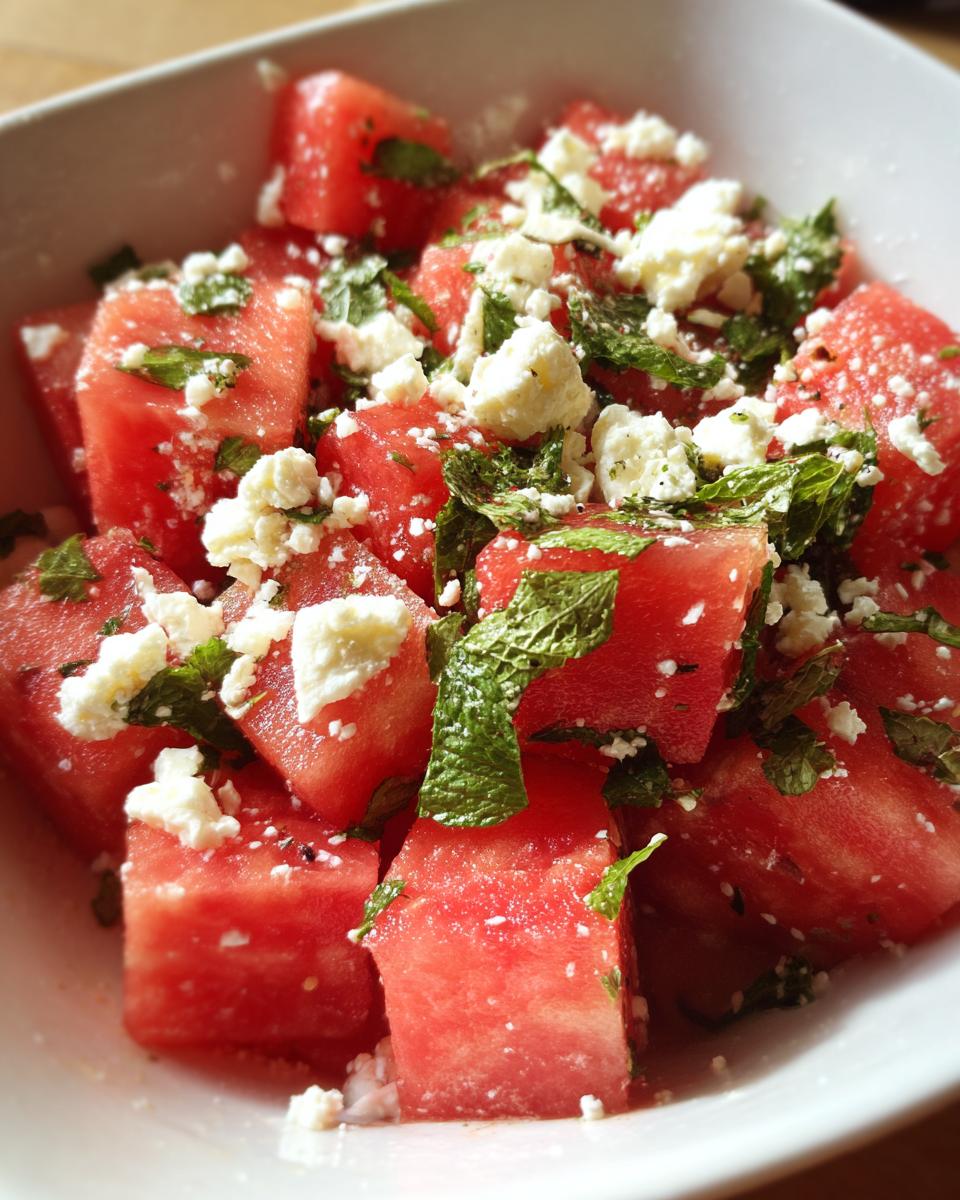 A refreshing close-up of a summer salad with cubed watermelon, crumbled feta cheese, and fresh mint leaves.
