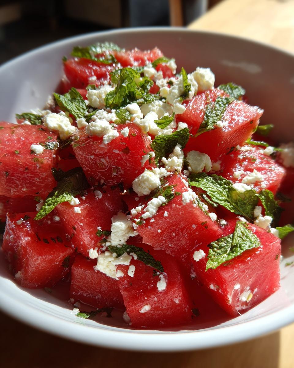 Close-up of a refreshing watermelon mint and salty feta salad in a white bowl.