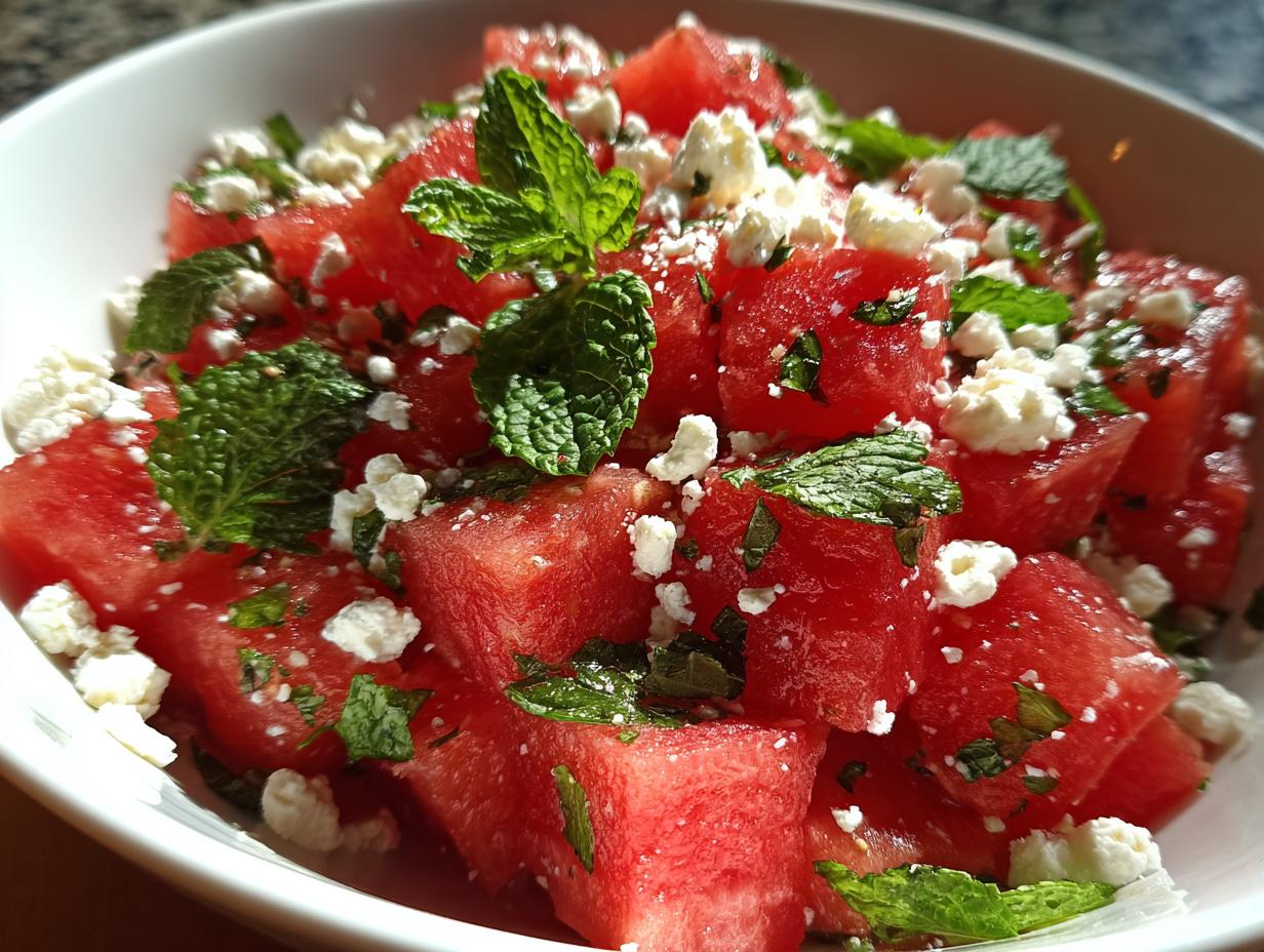 Close-up of a refreshing summer salad with cubed watermelon, crumbled feta cheese, and fresh mint leaves.