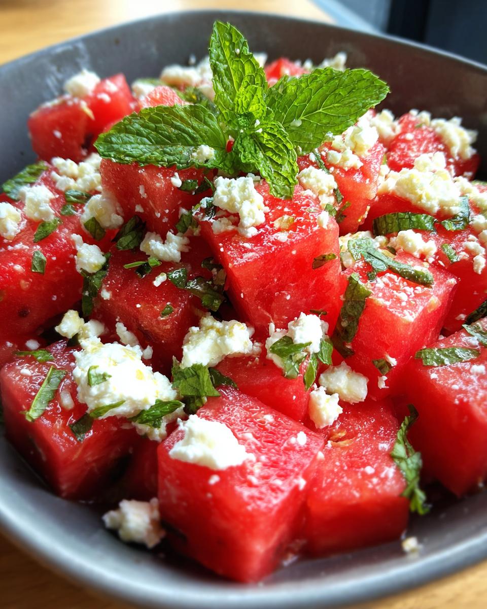 Close-up of a refreshing summer salad with cubed watermelon, crumbled feta cheese, and fresh mint leaves.