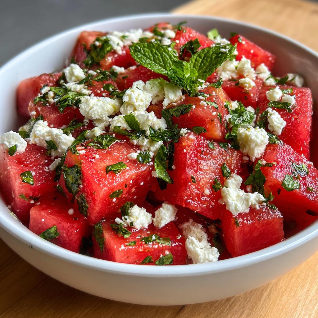 A close-up of a white bowl filled with cubed watermelon, crumbled feta cheese, and chopped mint, showcasing a vibrant summer salad.