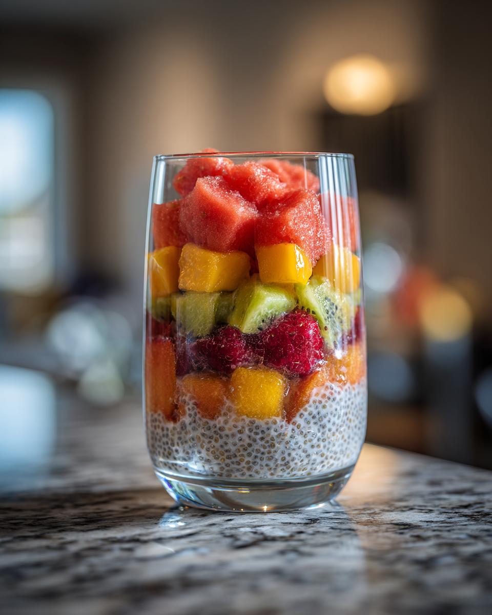 A clear glass filled with layers of chia pudding and colorful fruits including watermelon, mango, kiwi, and raspberries.