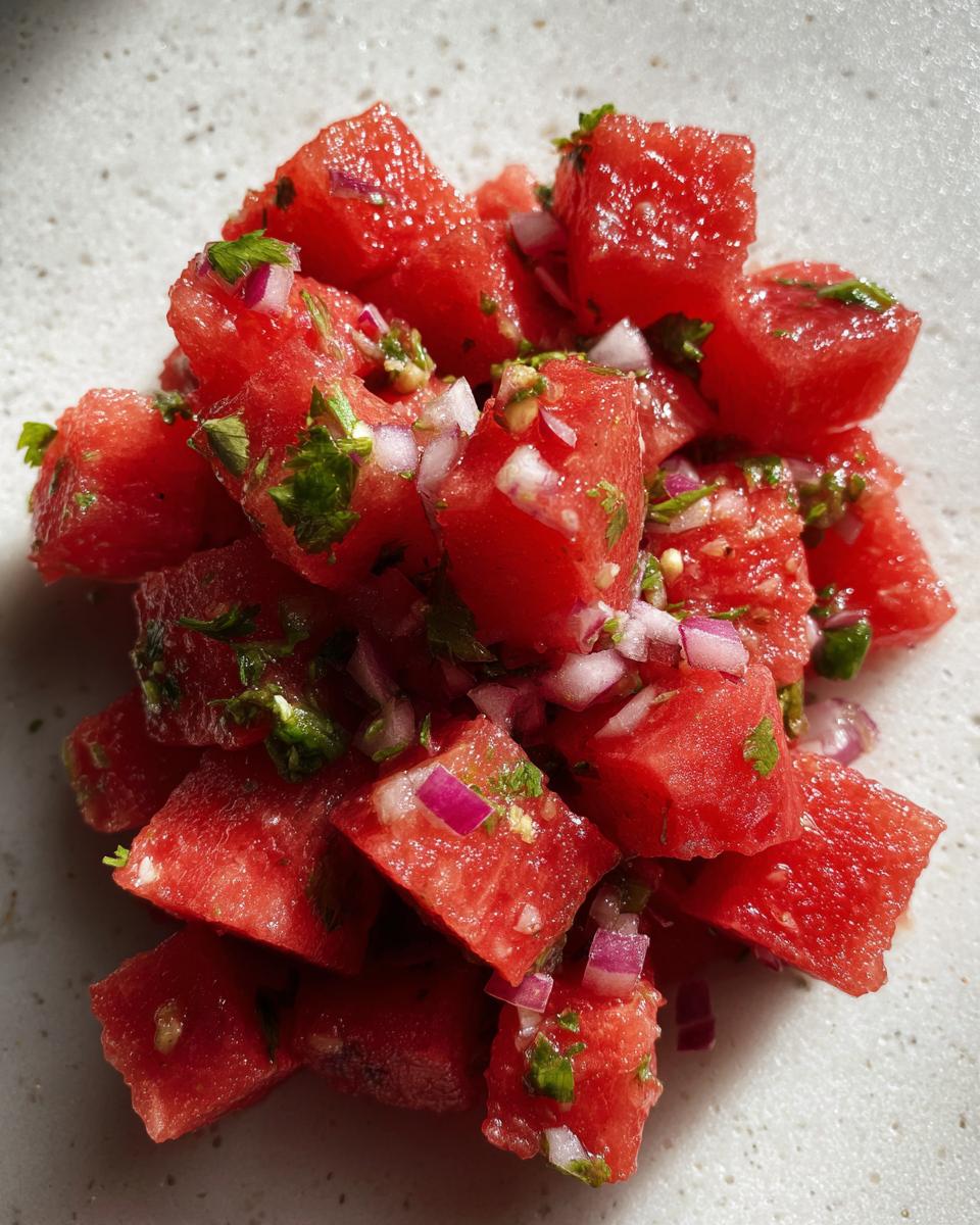 Close-up of a refreshing watermelon salsa with diced watermelon, red onion, and cilantro, perfect for taco night.