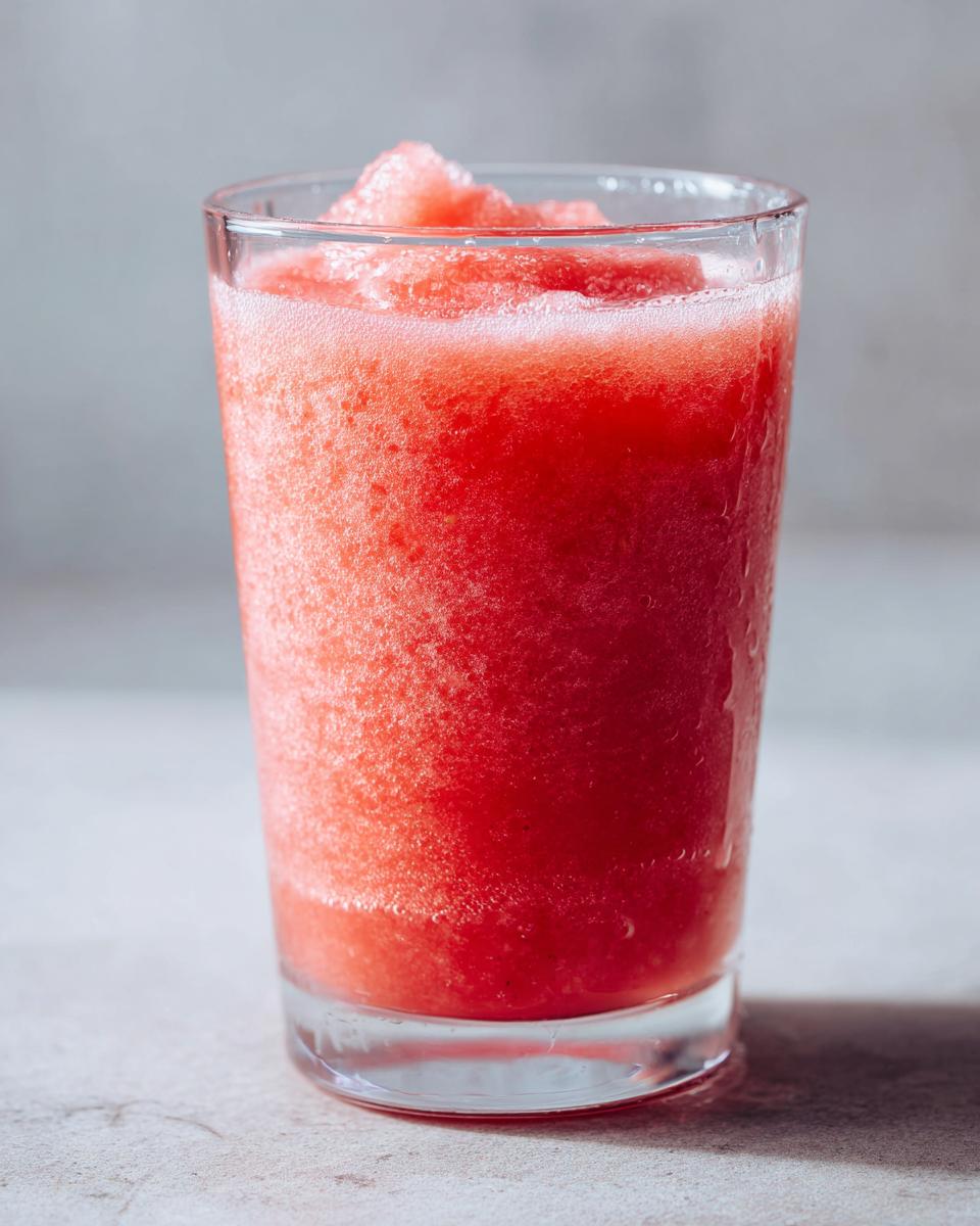 A close-up of a tall glass filled with a vibrant pink watermelon slushy drink, topped with ice.