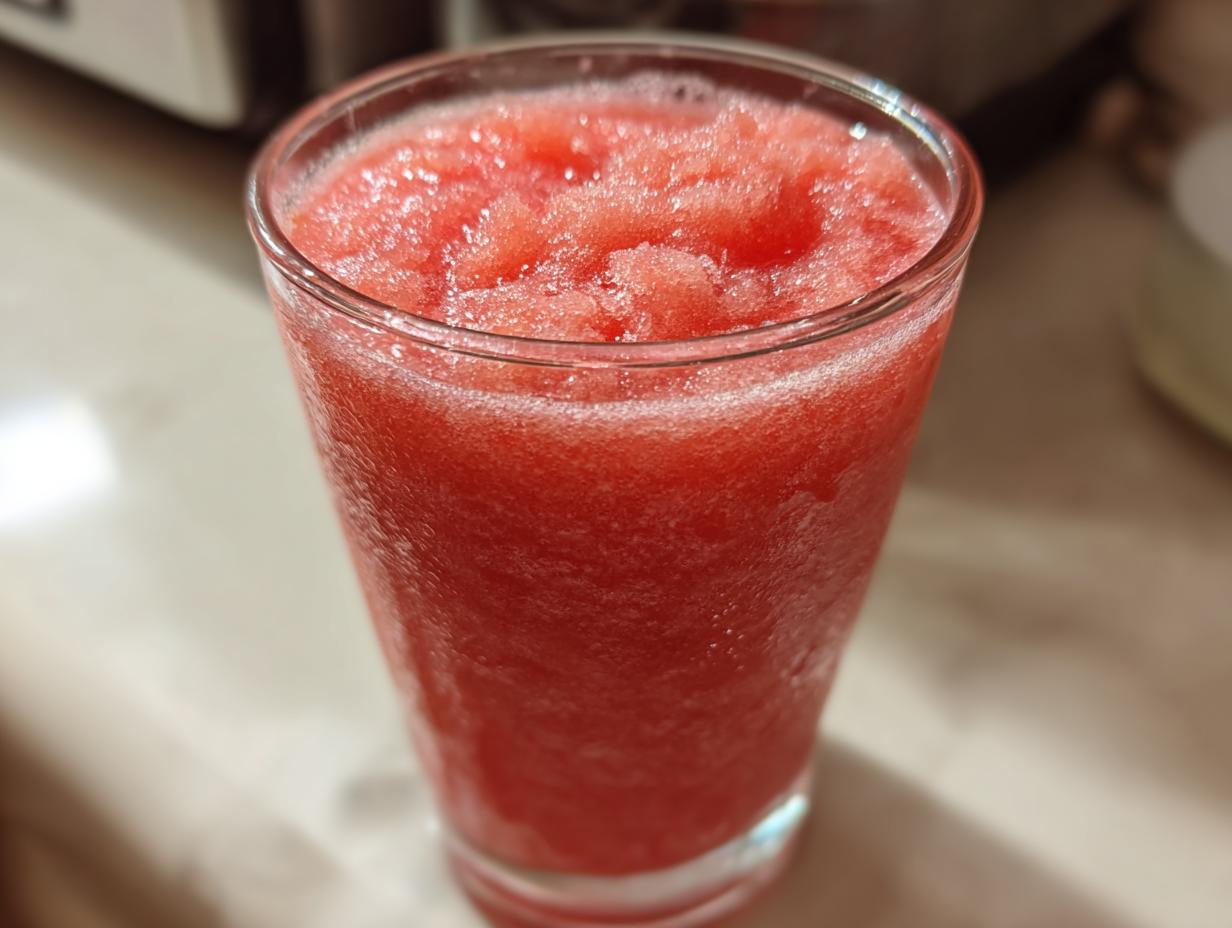 Close-up of a tall glass filled with a vibrant red, icy watermelon slushy.
