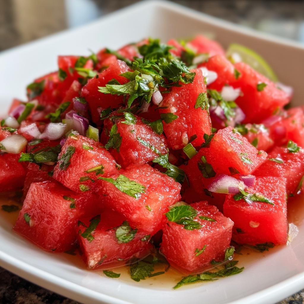Close-up of a refreshing watermelon salsa with diced watermelon, red onion, and cilantro, perfect for taco night.