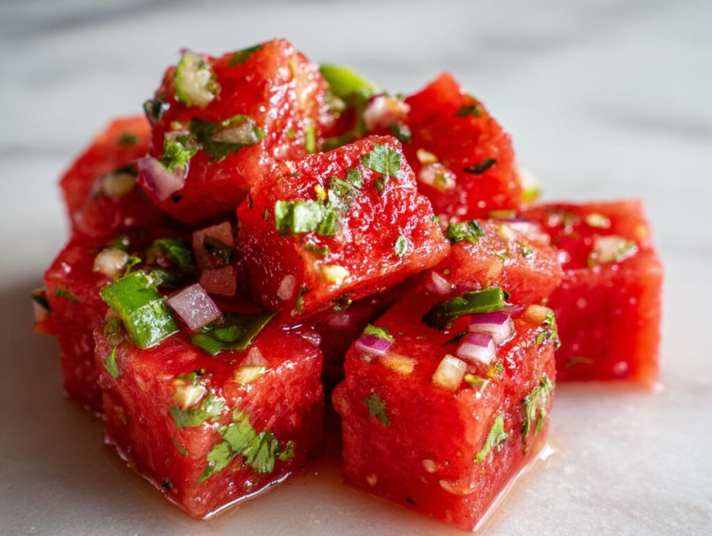 Close-up of cubed watermelon salsa with red onion, cilantro, and jalapeño, perfect for taco night.