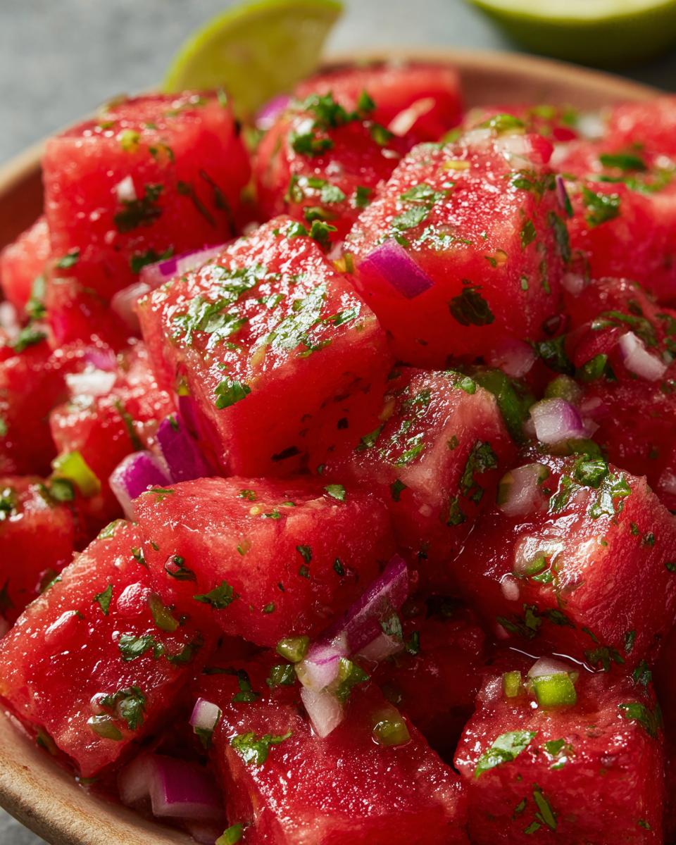 Close-up of a vibrant watermelon salsa with diced watermelon, red onion, cilantro, and lime.