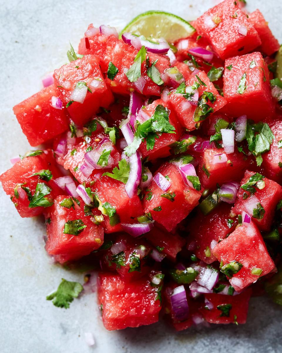 Close-up of fresh watermelon salsa with diced watermelon, red onion, cilantro, and jalapeño, perfect for taco night.