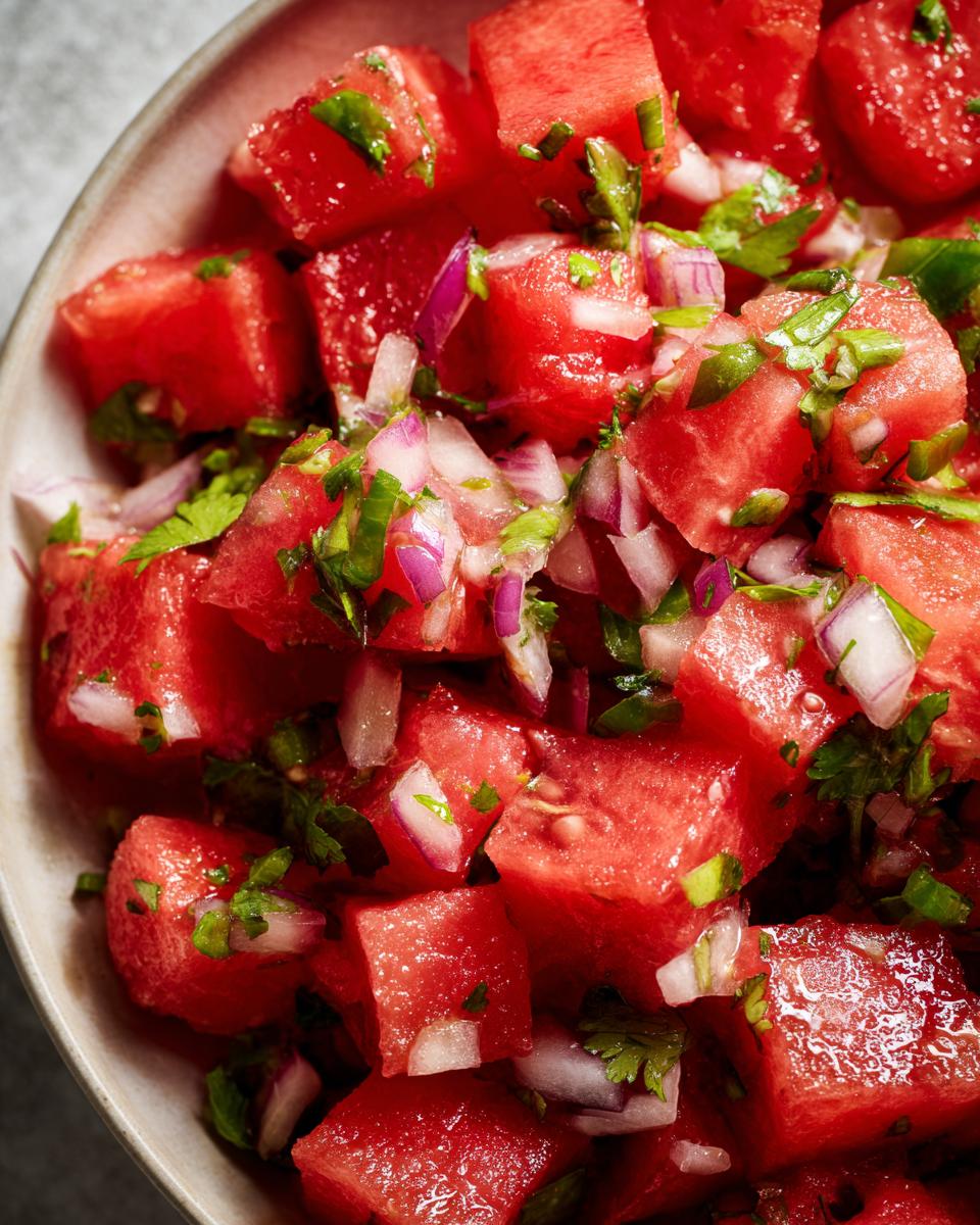 Close-up of a vibrant watermelon salsa with diced watermelon, red onion, and cilantro, perfect for taco night.