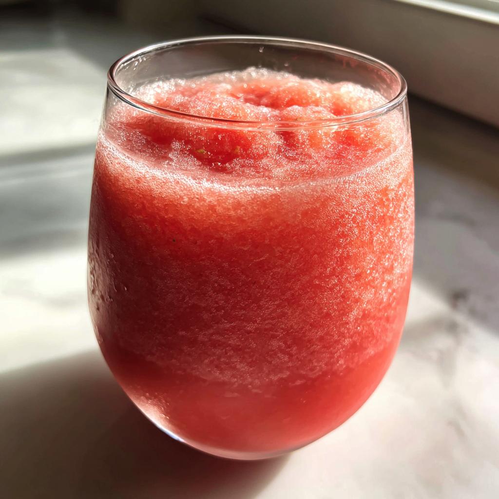 A close-up of a glass filled with a vibrant, icy watermelon slushy.