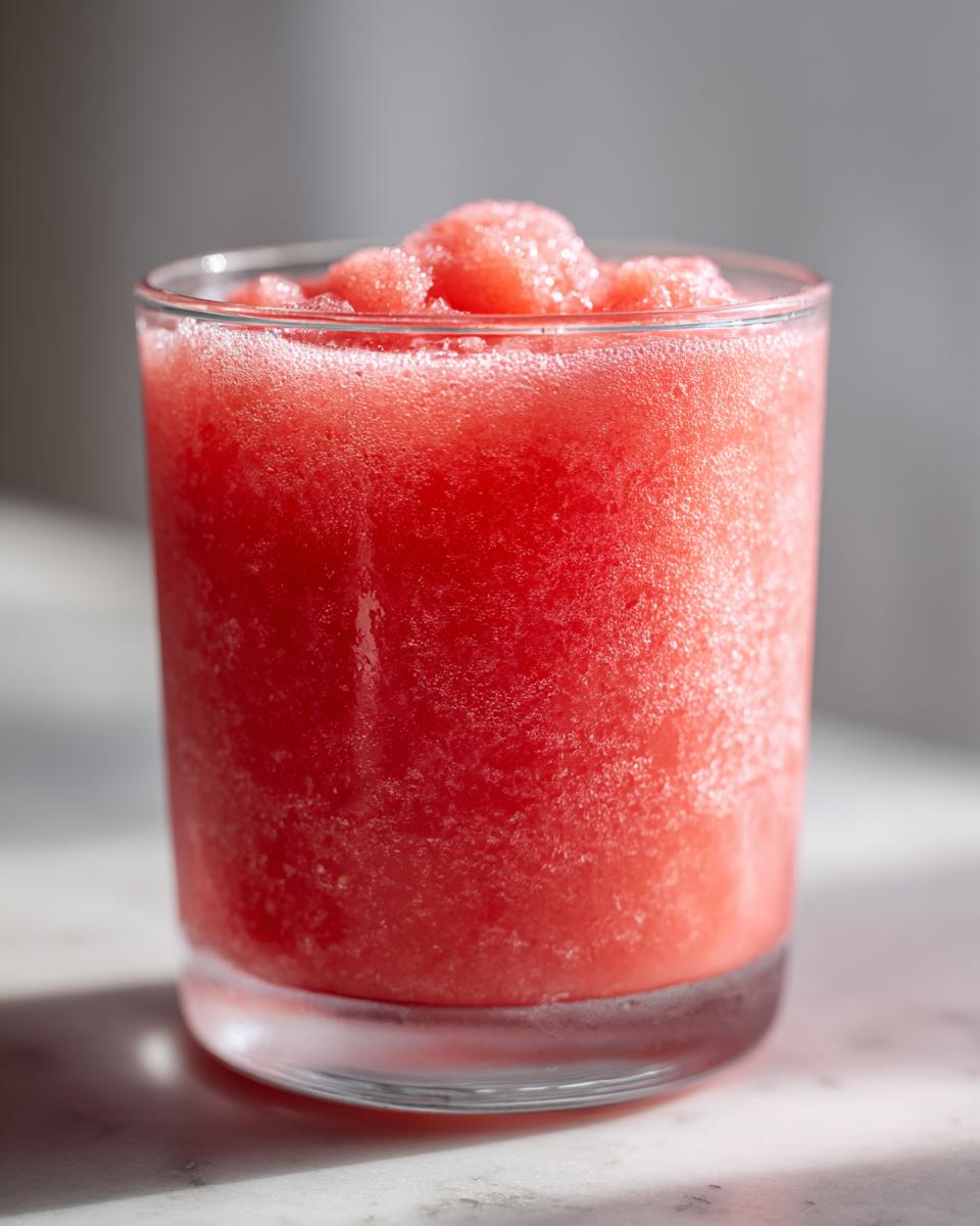 A close-up of a glass filled with a vibrant red, icy watermelon slushy drink.
