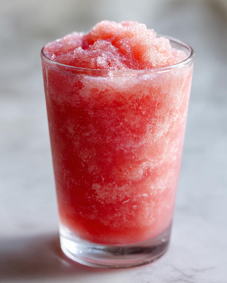 A tall glass filled with a vibrant pink watermelon slushy, perfect for a refreshing summer treat.