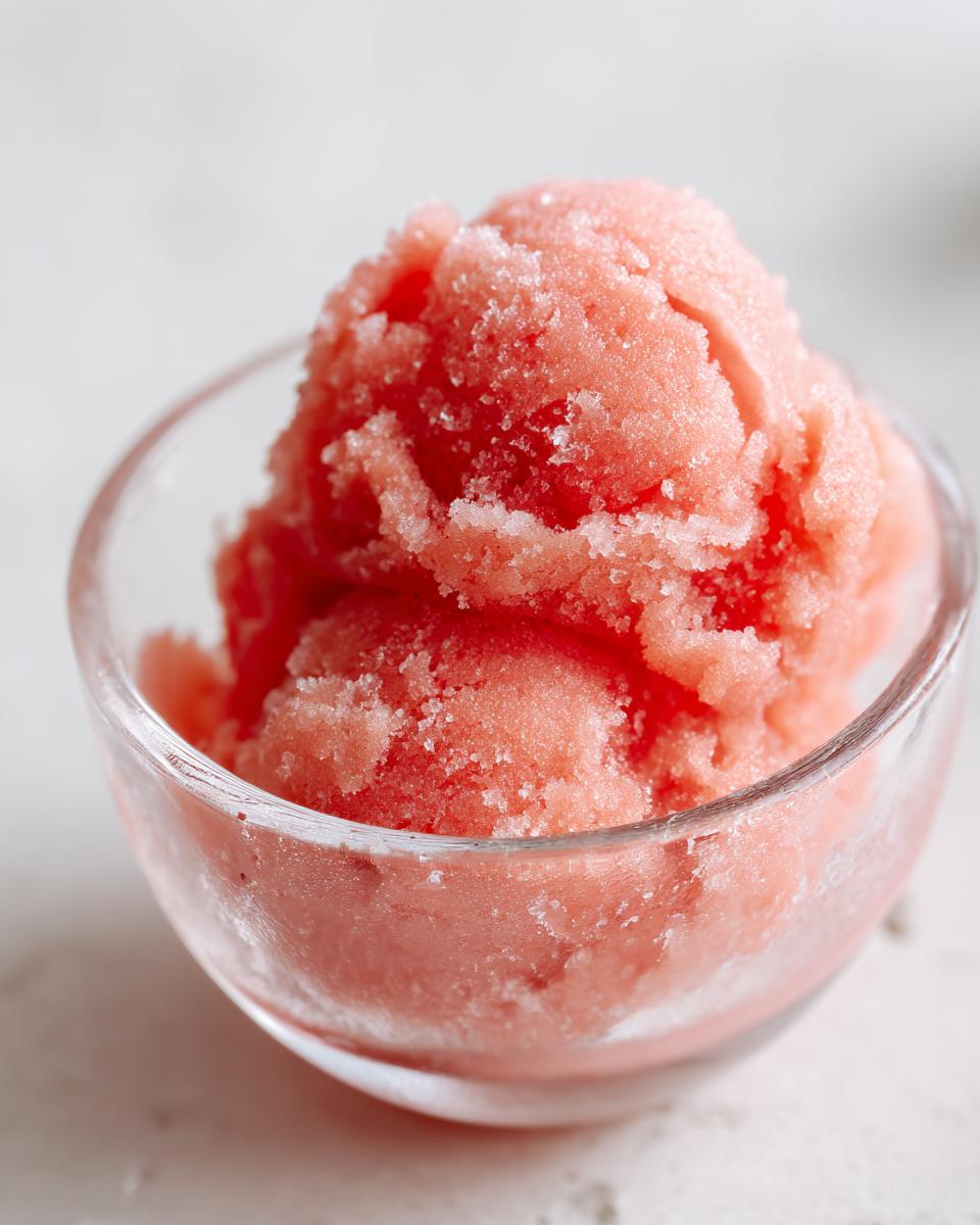 A scoop of pink watermelon sorbet in a clear glass bowl, showing its icy texture.