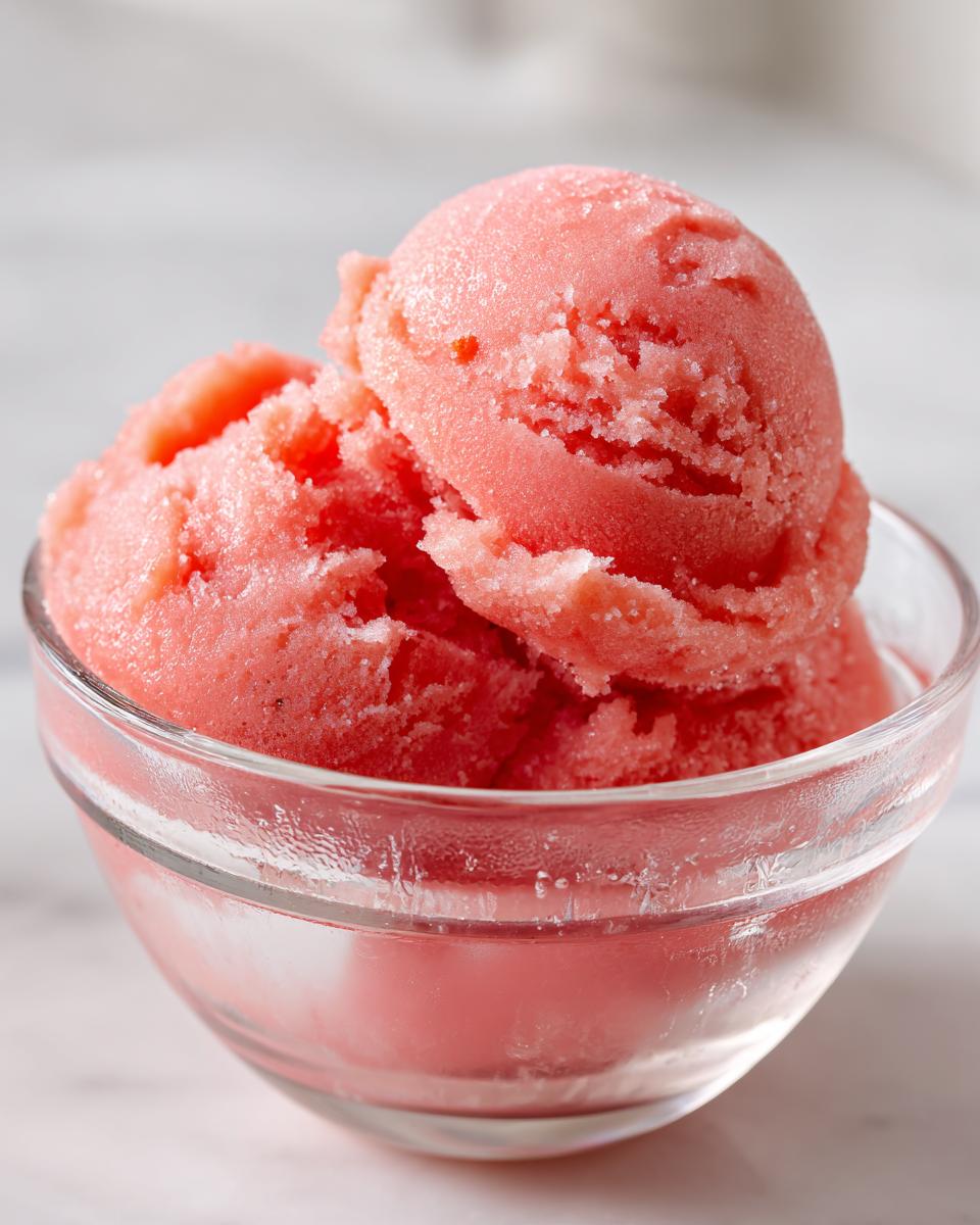 Close-up of three scoops of pink watermelon sorbet in a clear glass bowl.