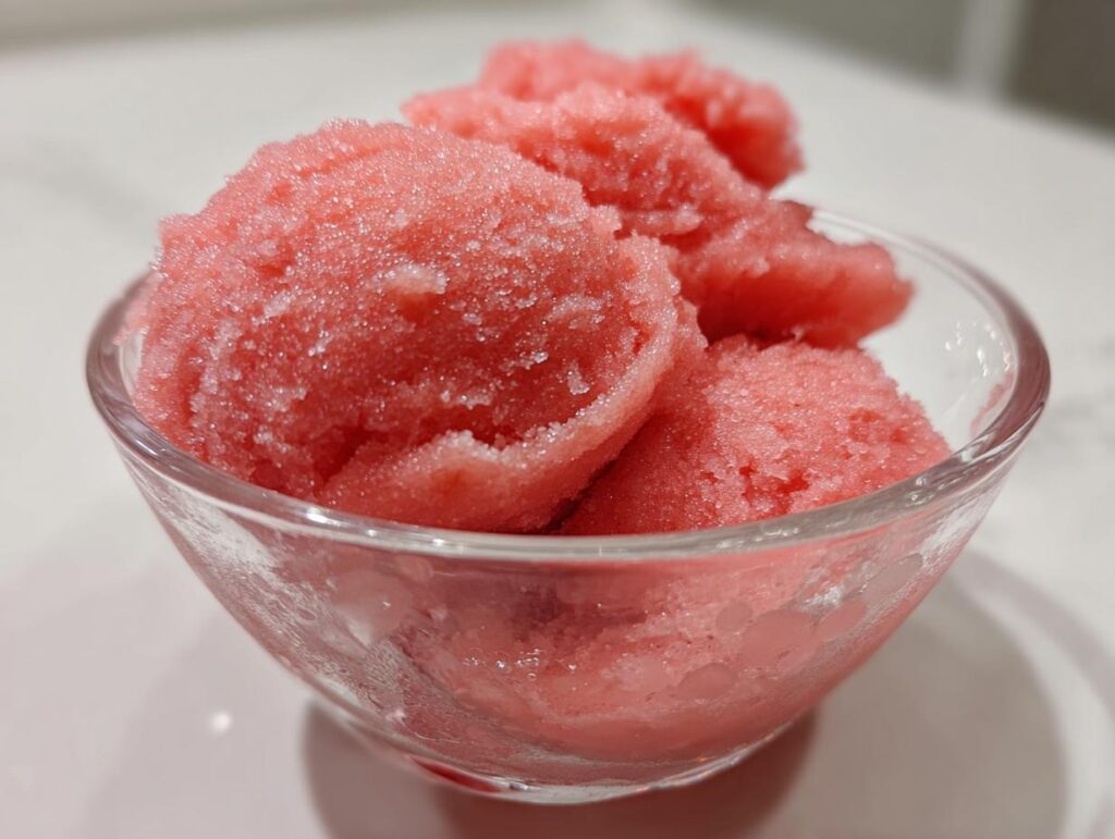 A close-up of a glass bowl filled with scoops of pink watermelon sorbet.