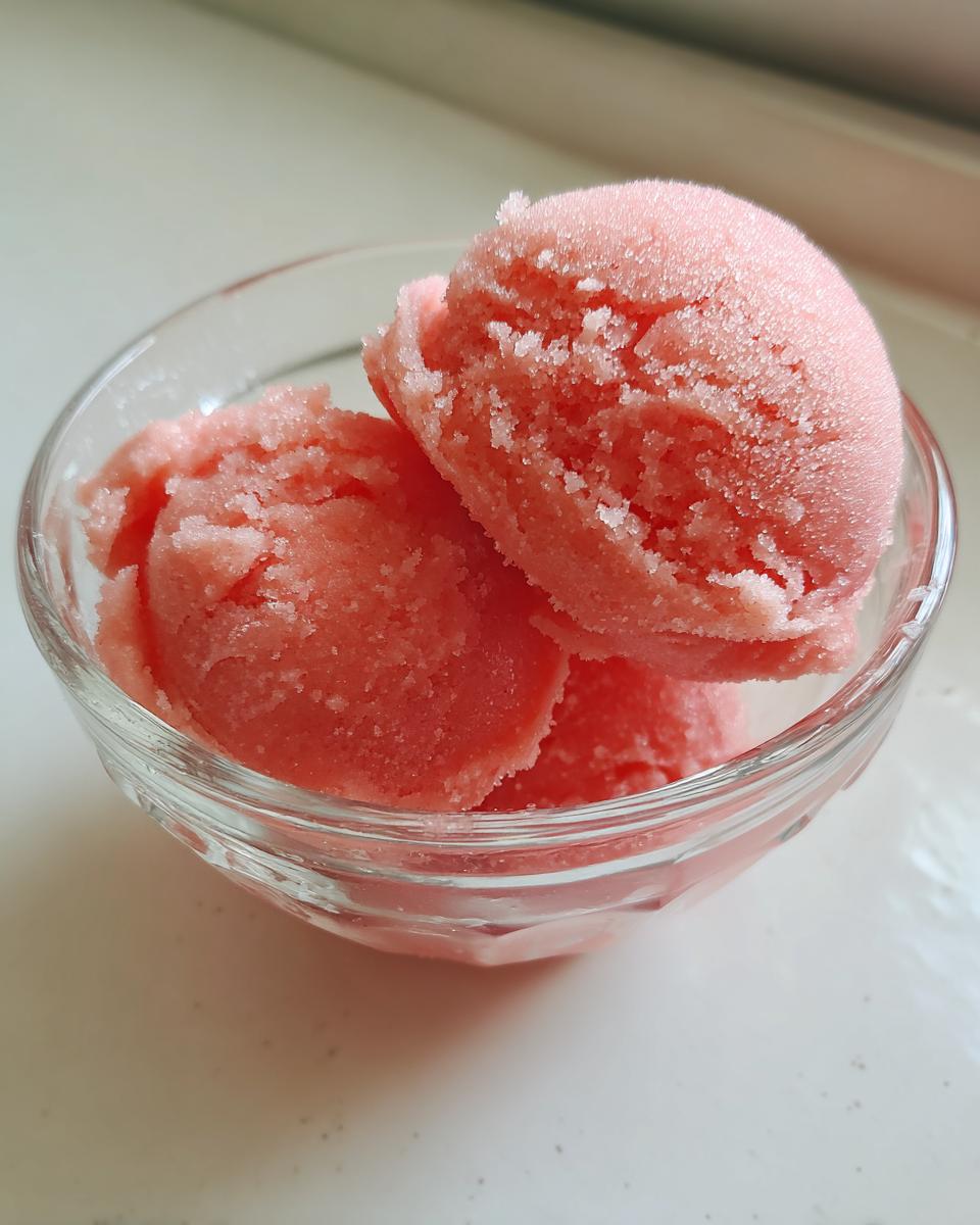 Three scoops of pink watermelon sorbet in a clear glass bowl, showcasing a refreshing summer treat.