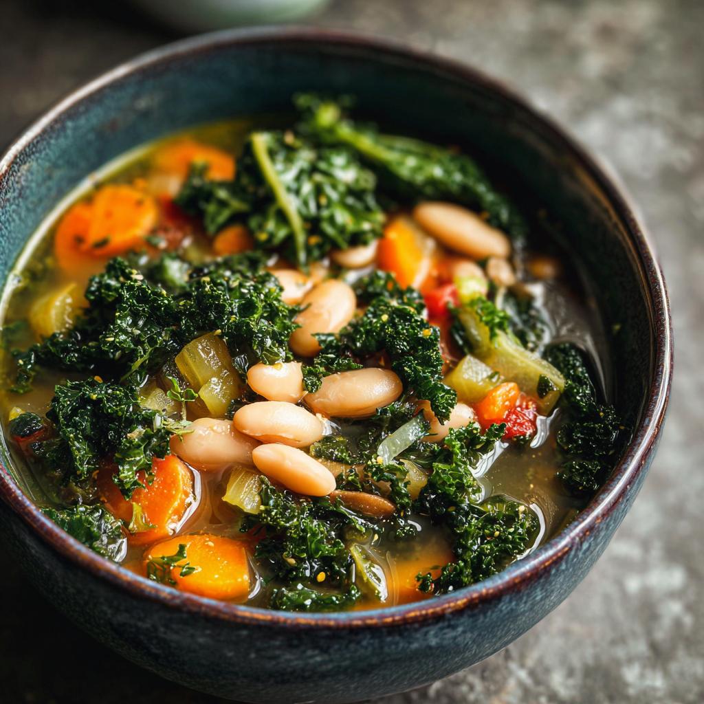 A close-up bowl of healthy white bean kale soup with carrots and celery, perfect for soup recipes.