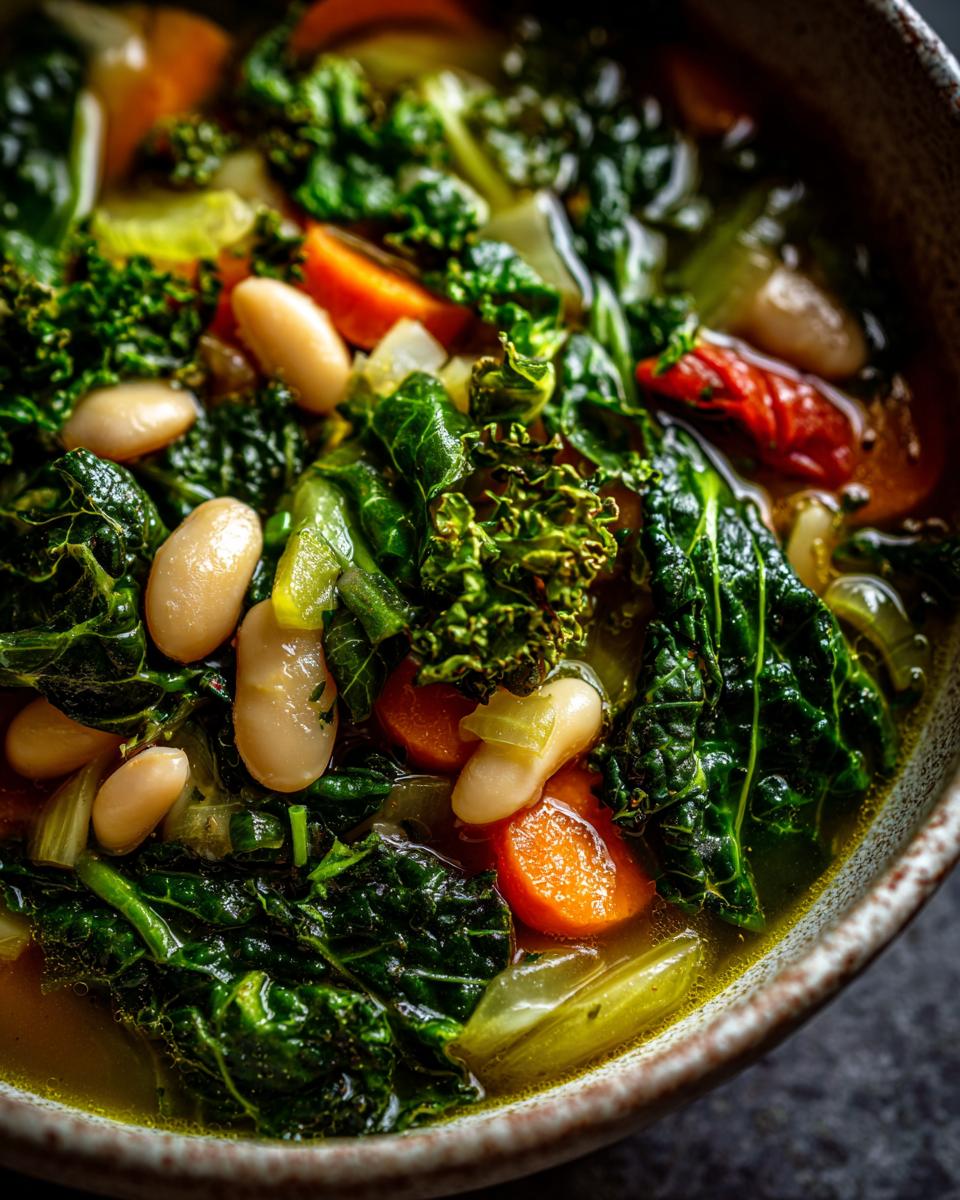Close-up of a hearty bowl of white bean kale soup, featuring tender kale, creamy white beans, and carrots.