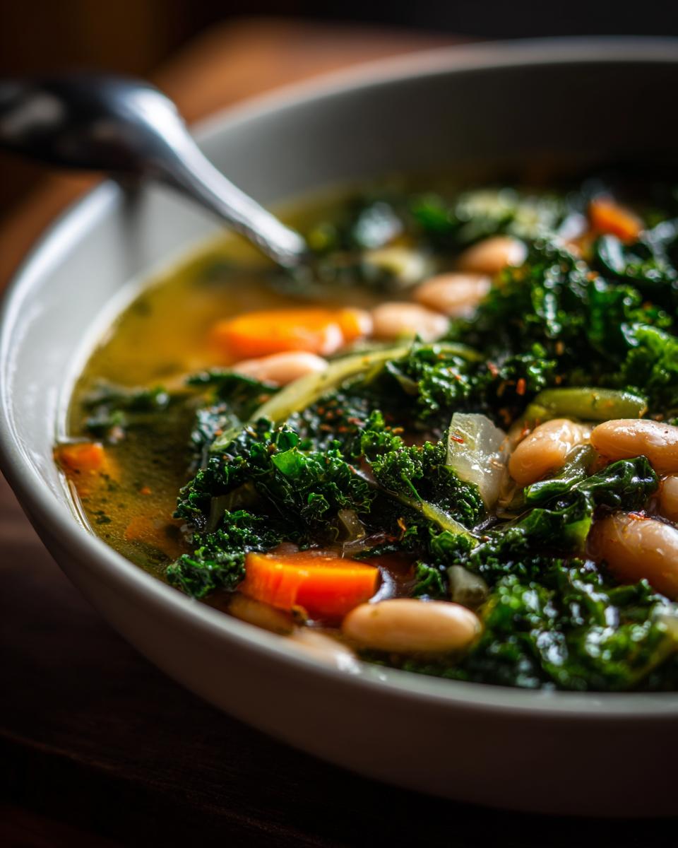 Close-up of a bowl of white bean kale soup, showcasing tender kale, creamy white beans, and carrots in a savory broth.