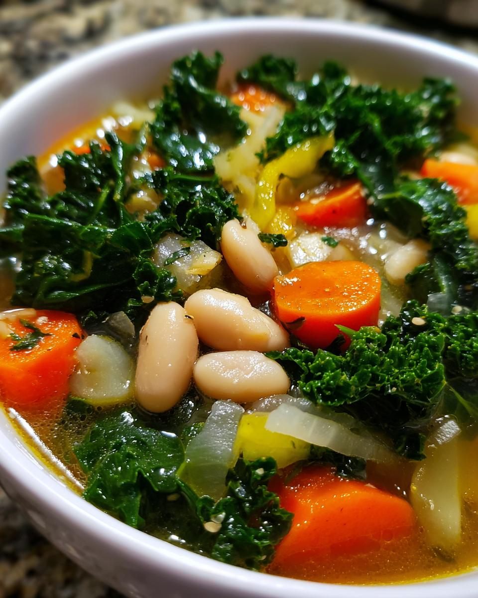 Close-up of a hearty bowl of white bean kale soup, featuring tender white beans, vibrant kale, and sliced carrots.