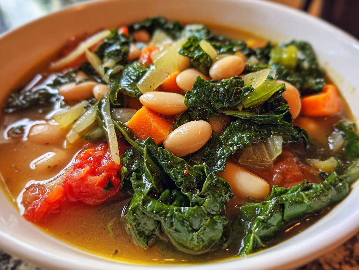 A close-up of a hearty bowl of white bean kale soup, featuring tender kale, creamy white beans, and chunks of tomato and carrot.