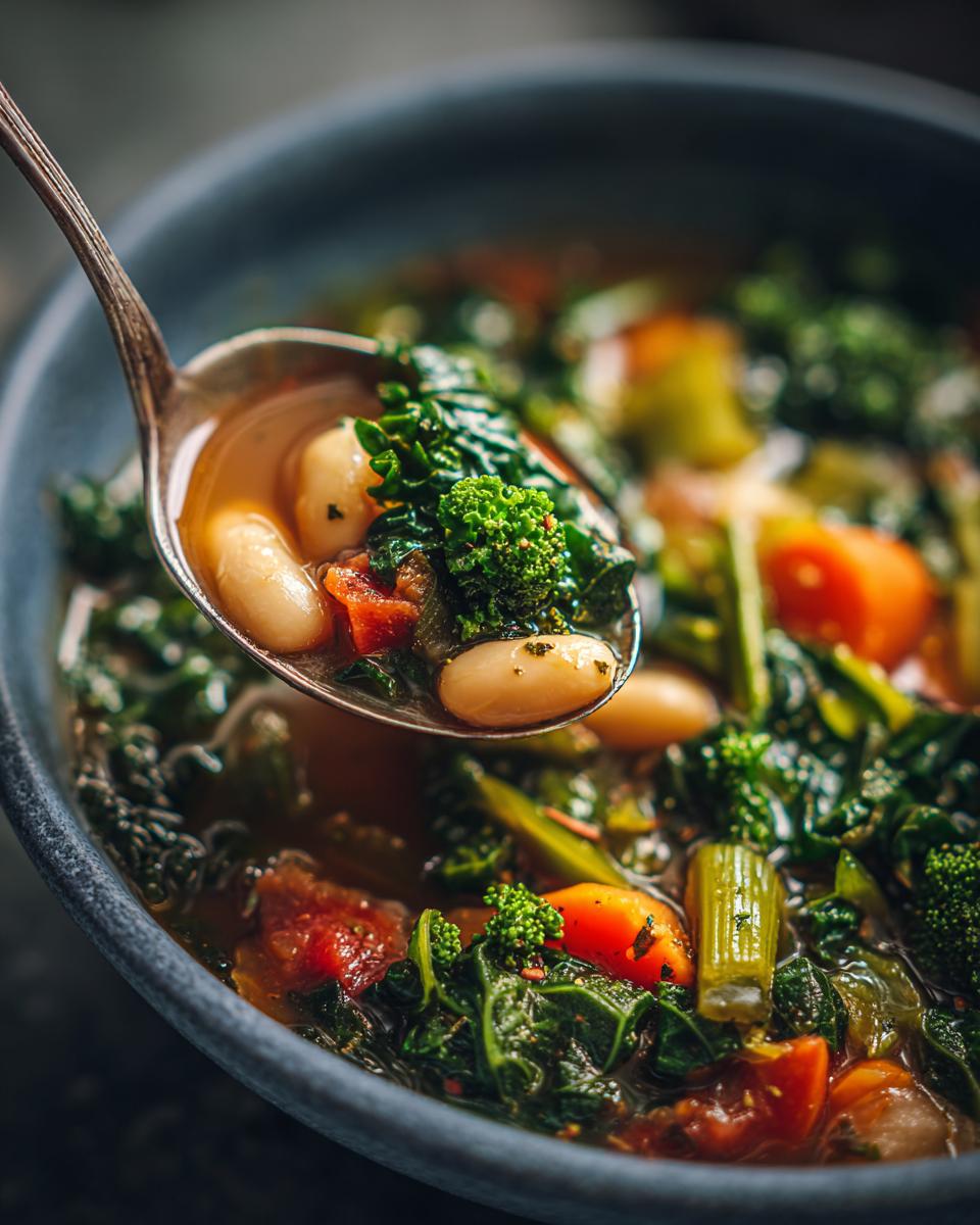 A spoonful of healthy white bean kale soup, showing white beans, kale, carrots, and broth.