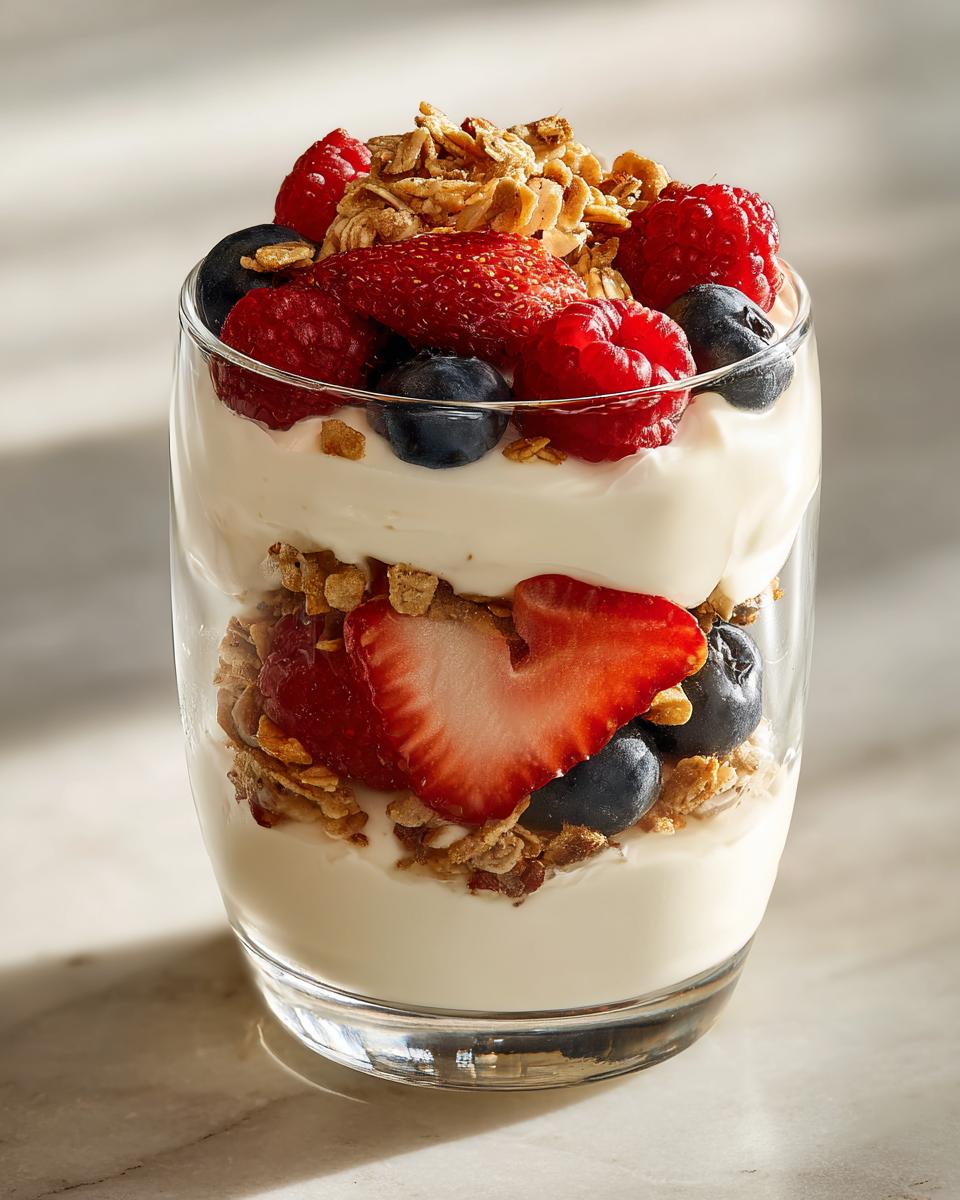 A layered yogurt parfait with fresh berries, granola, and yogurt, showcasing breakfast ideas that keep yogurt parfaits fresh and crunchy.