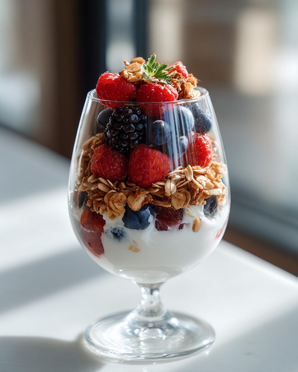 A layered yogurt parfait in a glass, featuring yogurt, granola, raspberries, blueberries, and blackberries, showcasing fresh breakfast ideas.