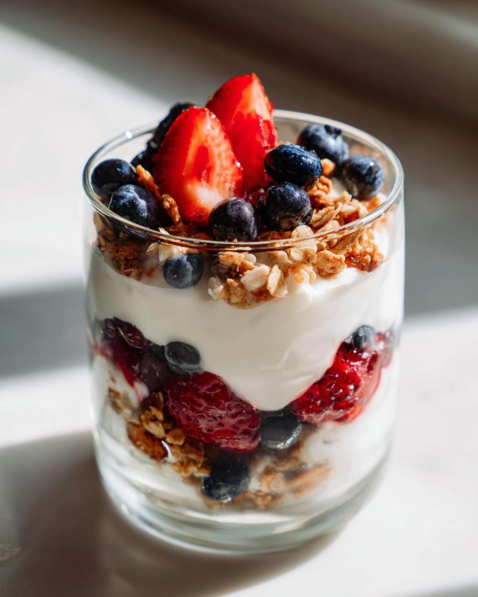 A layered yogurt parfait with fresh strawberries, blueberries, and crunchy granola, perfect for breakfast ideas.