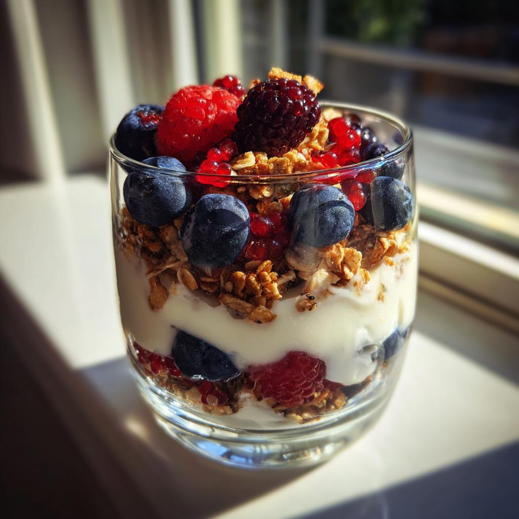 A layered yogurt parfait with fresh berries like blueberries and raspberries, and crunchy granola, perfect for breakfast ideas.