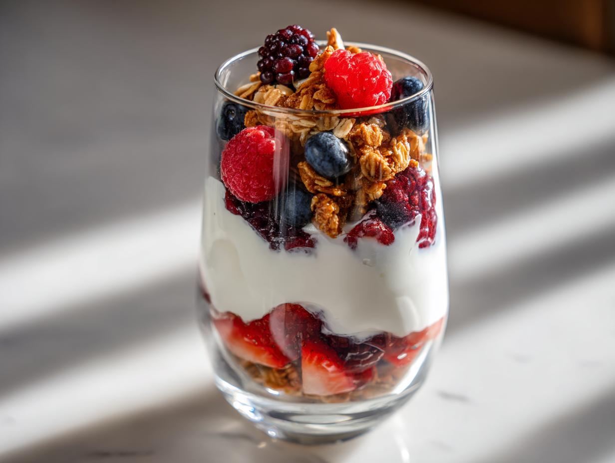 A tall glass filled with layers of yogurt, fresh berries, and crunchy granola, showcasing healthy breakfast ideas.